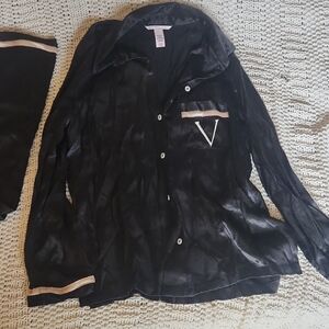 VS S Black Polk A Dot Satin Pajama Top with Rose Gold Trim